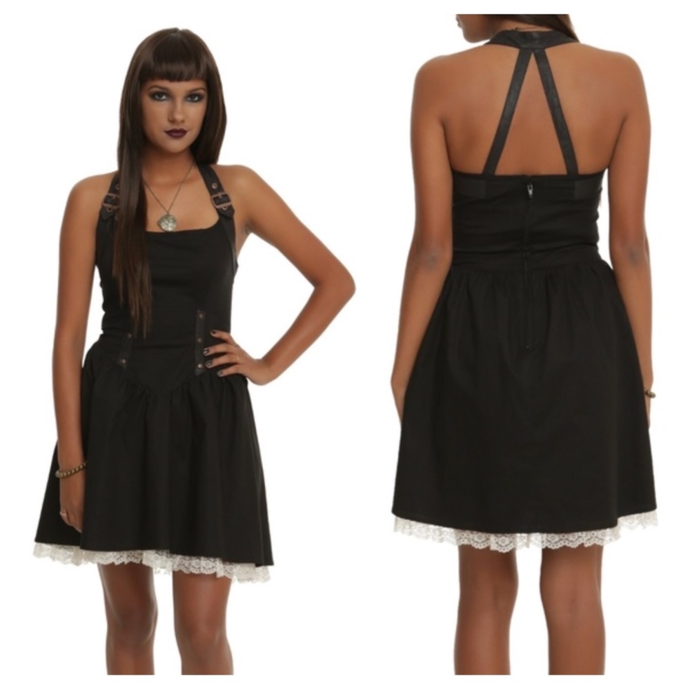Step in Time Black Steampunk Fit & Flare Buckle Halter Dress